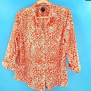 Talbots red and white flower button up top